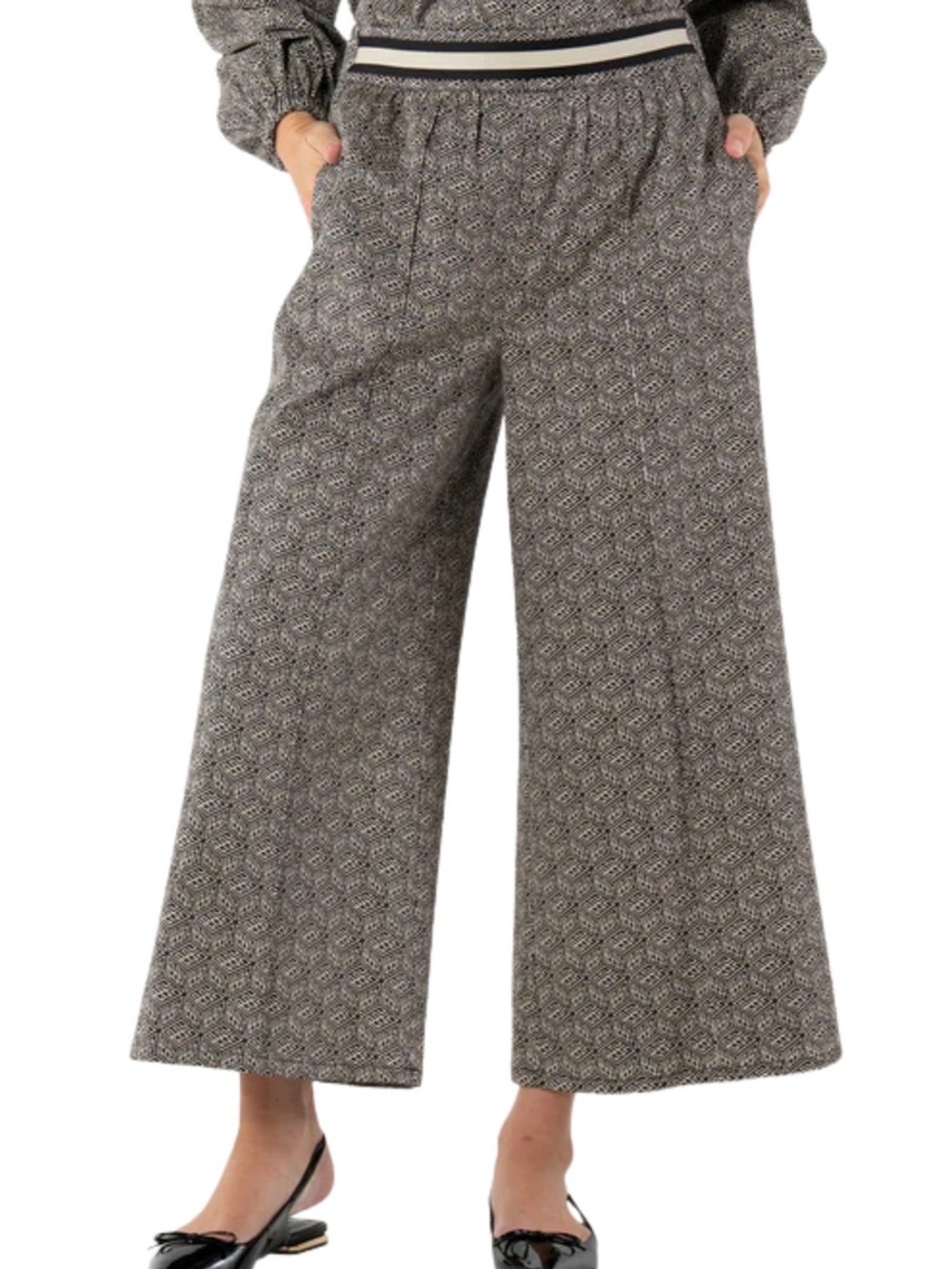 NEW Emily McCarthy Teddy Crop Trouser
Black Tonal Monogram Wide Leg NWT  g24